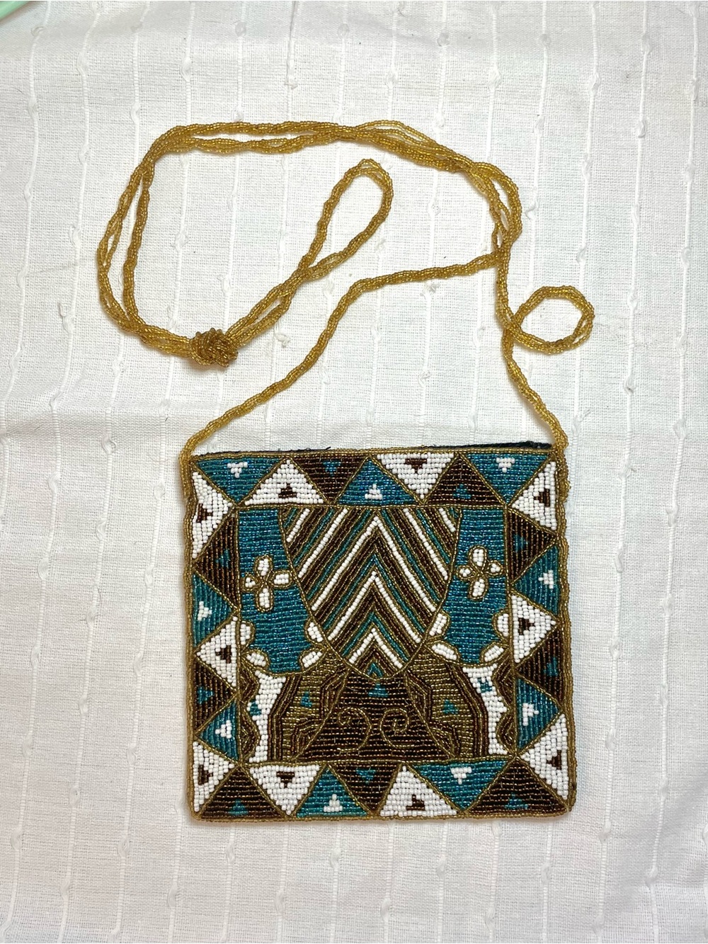 Vintage Hand Beaded Crossbody Bag – Teal/Gold/White Geometric Boho Purse